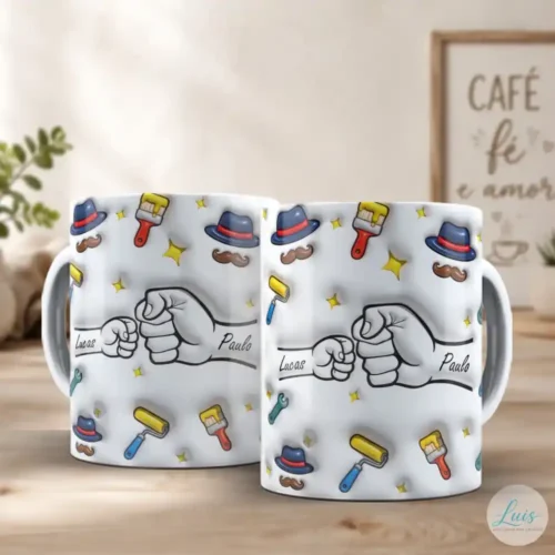Arte para caneca de Dia dos Pais com mãozinhas de pai e filho em cumprimento de soquinho, nomes personalizados e elementos com efeito 3D