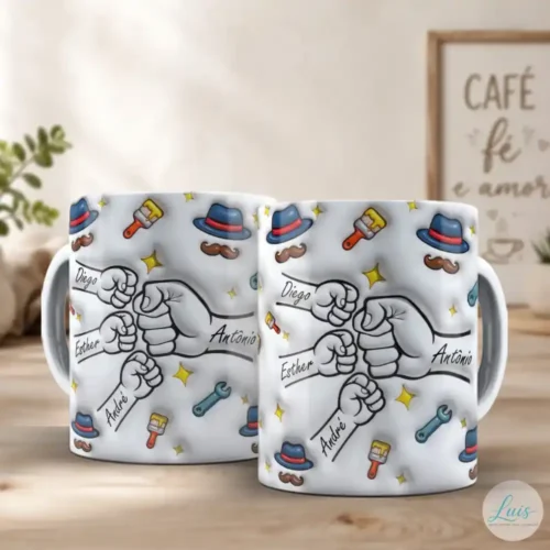 Arte para caneca dia dos pais com mãozinhas, personalizada com nomes, rodeada de objetos com efeito 3d em fundo claro