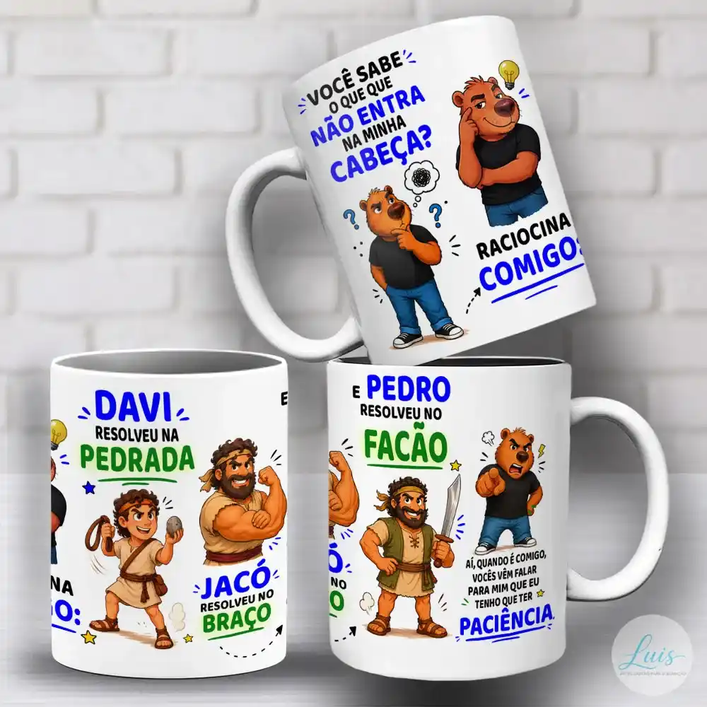 arte para caneca capivara davi jacó pedro paciência, capivara pensativa, Davi segurando uma funda e uma pedra, Jacó exibindo músculos, Pedro segurando um facão e capivara irritada apontando o dedo, todos os personagens ilustrando frase bem-humorada sobre ter paciência e referências bíblicas