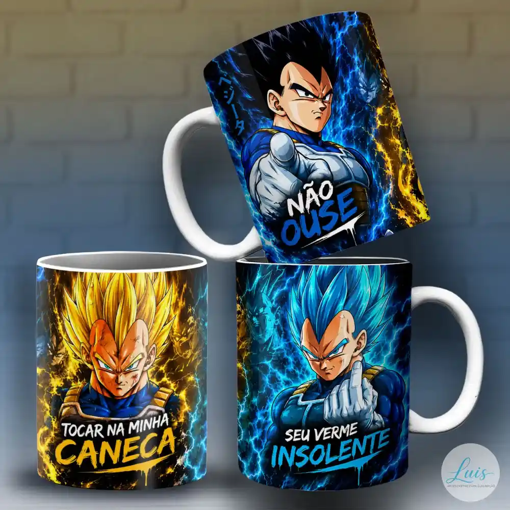 Arte para caneca dragon ball vegeta seu verme insolente com Vegeta em três versões, efeitos de energia azul e dourado e frase desafiadora: "NÃO OUSE TOCAR NA MINHA CANECA SEU VERME INSOLENTE".