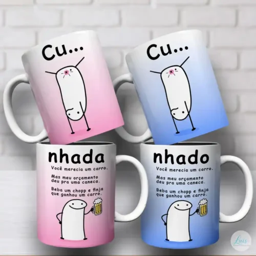 arte para caneca flork cunhada e cunhado (2 artes) com personagem em pose inusitada e uma pose segurando uma caneca de chopp, com escrita "CU..." "nhada" na versão com fundo em degradê rosa e "CU..." "nhado" na versão em degradê azul e frase humorística