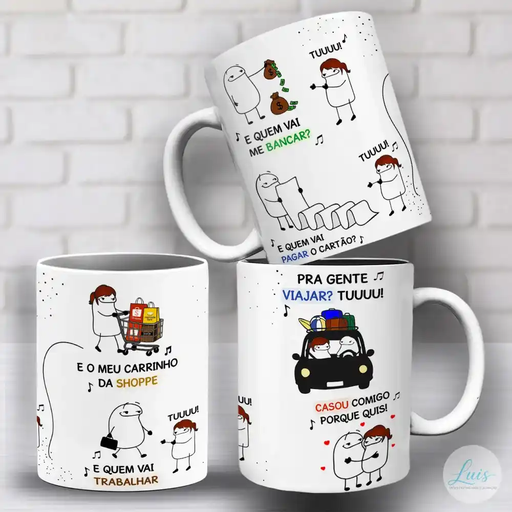 arte para caneca flork quem vai me bancar tuuuu com Florks em cenas de dinheiro, fatura bancária, compras, trabalho, viagem e romance, acompanhadas por frases da música do meme