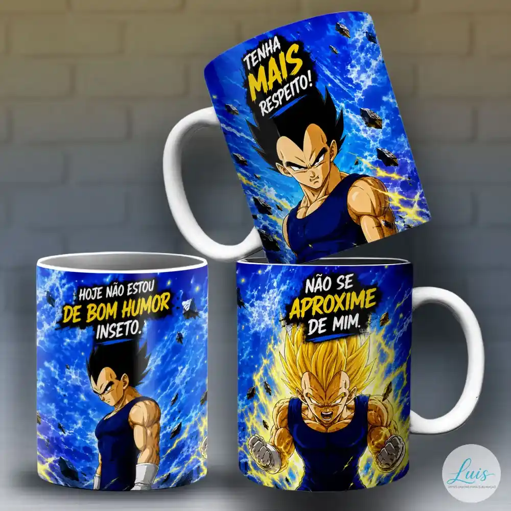 Arte para Caneca Vegeta Dragon Ball Tenha Mais Respeito com Vegeta em três cenas, incluindo a transformação em Super Saiyajin, fundo azul com raios, efeitos de energia, pedras e frase em destaque: "TENHA MAIS RESPEITO!", "HOJE NÃO ESTOU DE BOM HUMOR INSETO.", "NÃO SE APROXIME DE MIM".