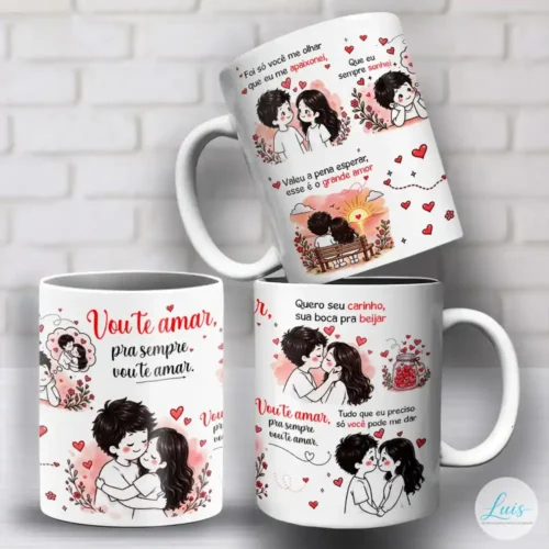 arte para caneca vou te amar com sequência de cenas românticas de casal inspiradas na música, abraços, beijos, pôr do sol e corações espalhados