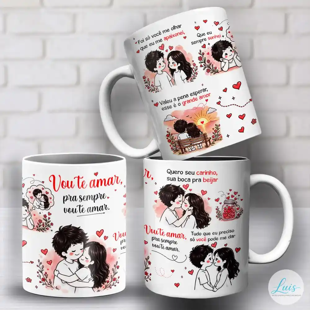 arte para caneca vou te amar com sequência de cenas românticas de casal inspiradas na música, abraços, beijos, pôr do sol e corações espalhados