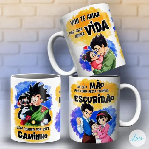 Arte para Caneca Dragon Ball Vou Te Amar com Gohan, Pan e Videl em três cenas entre família, trecho da abertura de Dragon Ball GT: "Vou te amar por toda minha vida, vem comigo por este caminho, me dê a mão pra fugir desta terrível escuridão", manchas em aquarela azul e dourado em fundo branco.