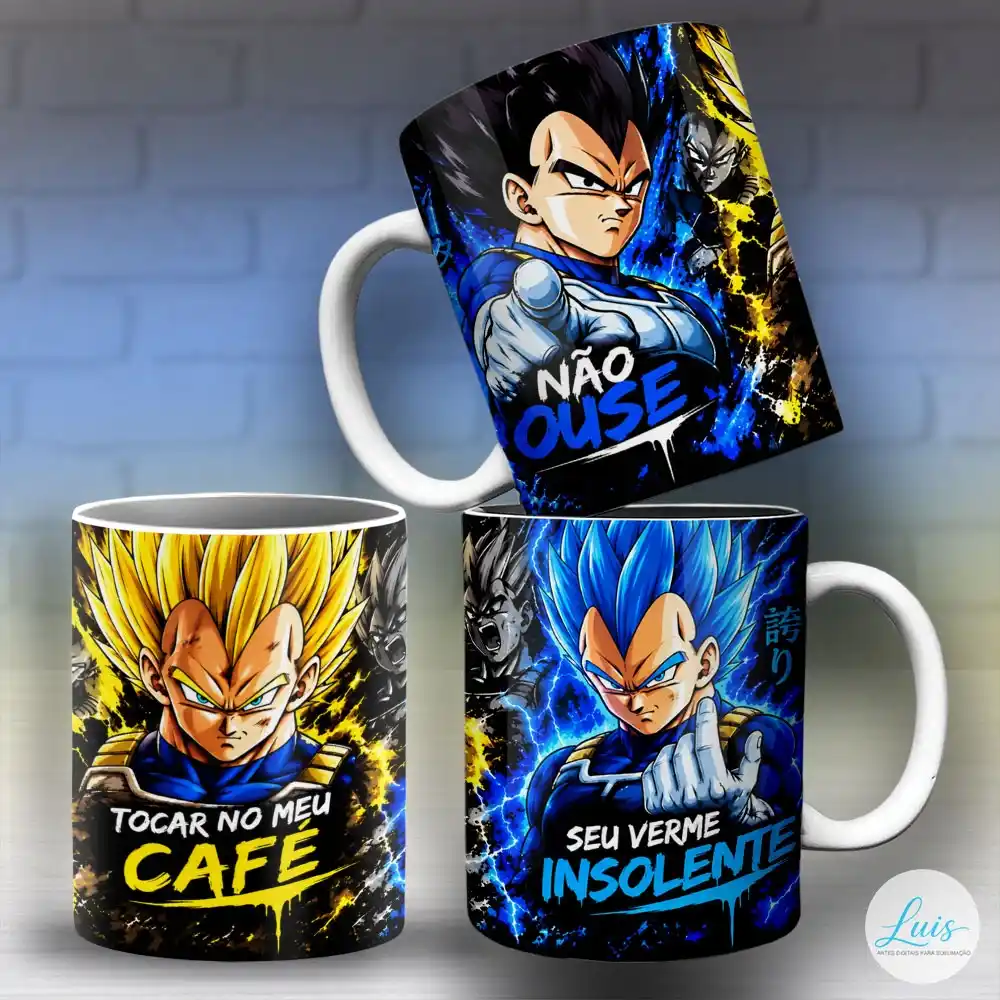 Arte para caneca dragon ball Z vegeta não ouse tocar no meu café com Vegeta em três versões, efeitos de energia azul e dourado e frase desafiadora: "NÃO OUSE TOCAR NO MEU CAFÉ SEU VERME INSOLENTE".